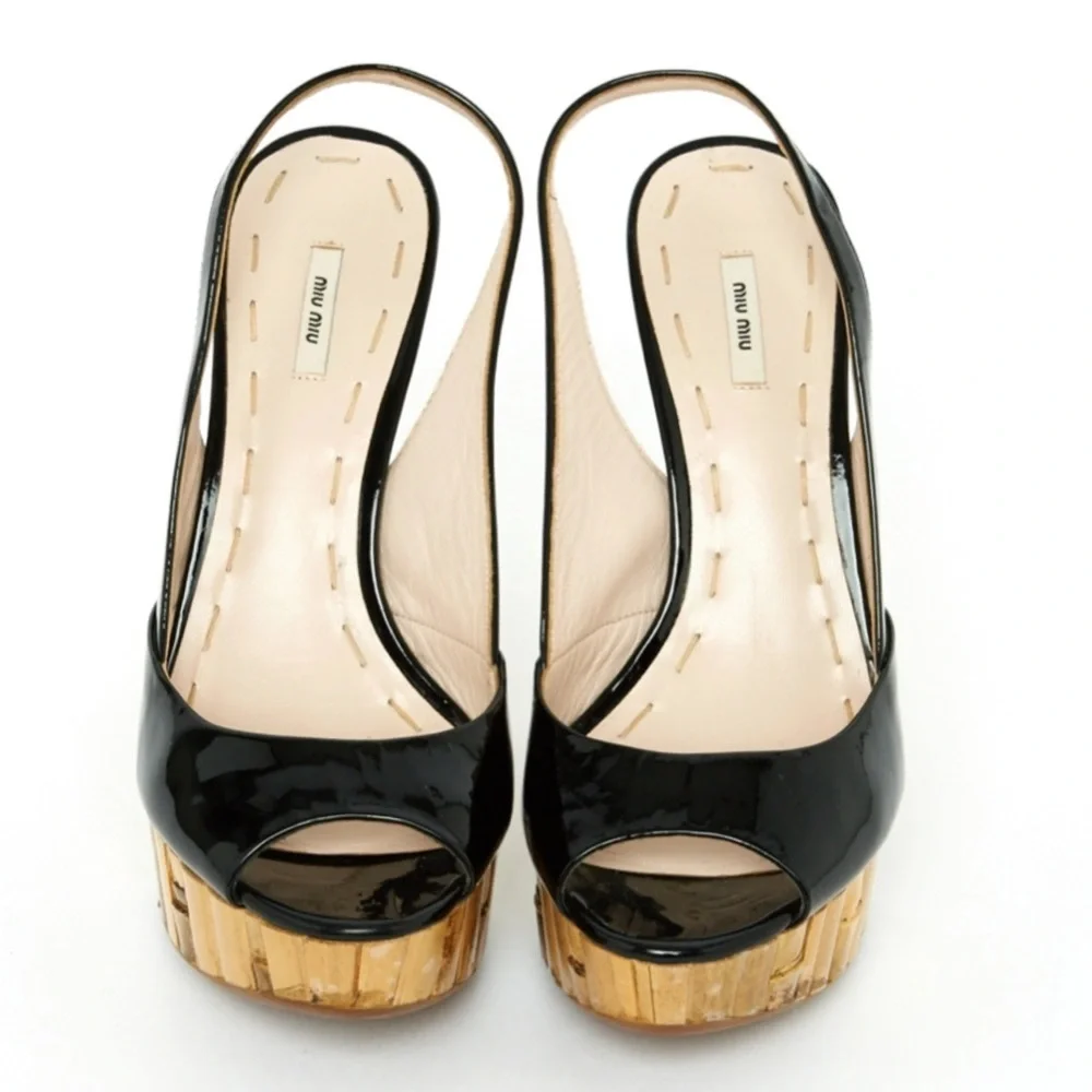 Miu Miu Bamboo Slingback Patent Leather Peep Toe Platform High Heel Sandals NEW